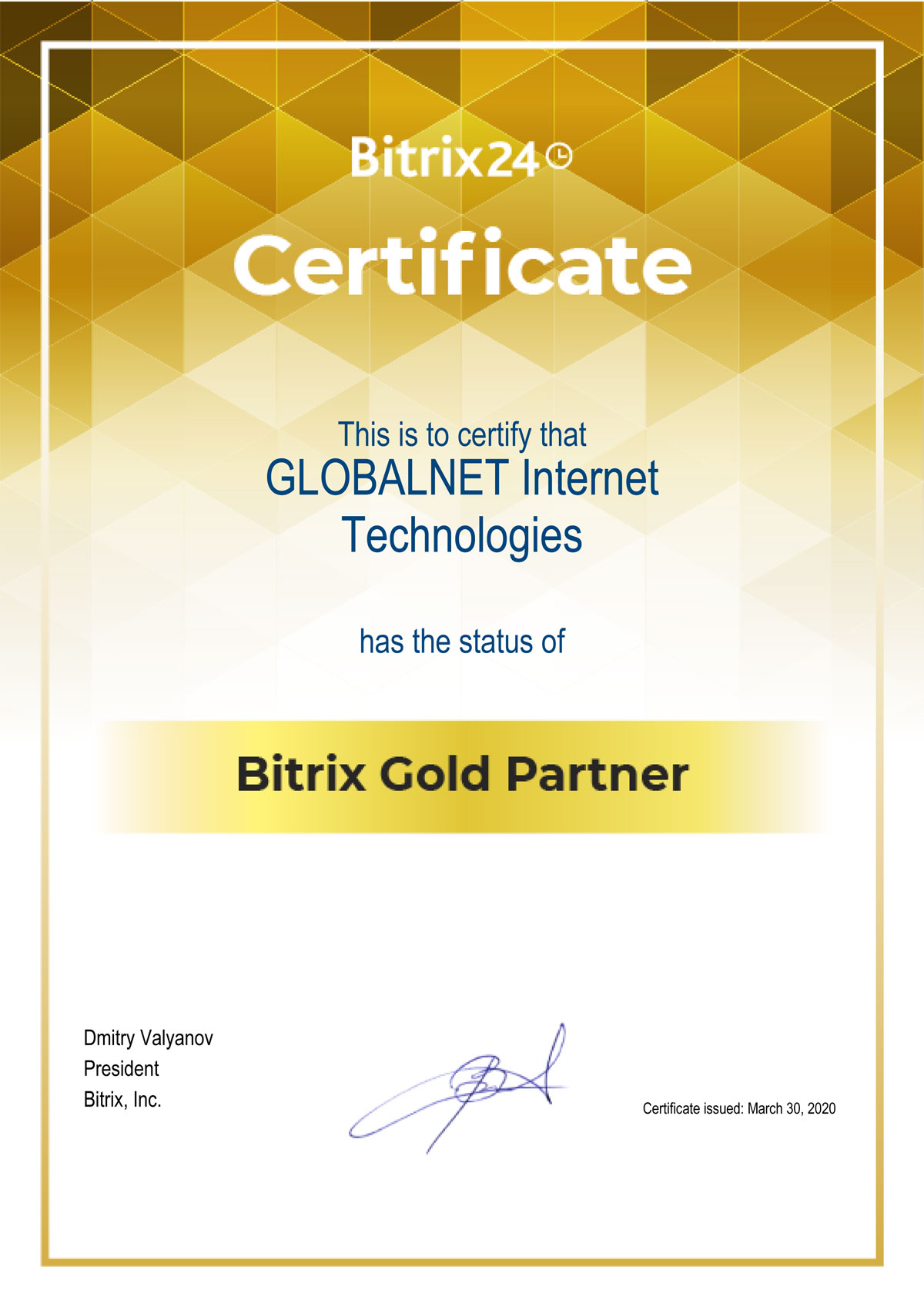 bitrix24 turkey globalnet gold partner certificate