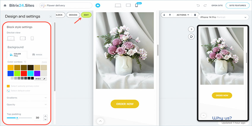 Bitrix24 Siteleri mobil cihazlarda görüntülemek için özel bir görsel düzenleyici