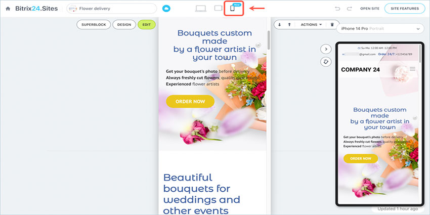 Bitrix24 Siteleri mobil cihazlarda görüntülemek için özel bir görsel düzenleyici