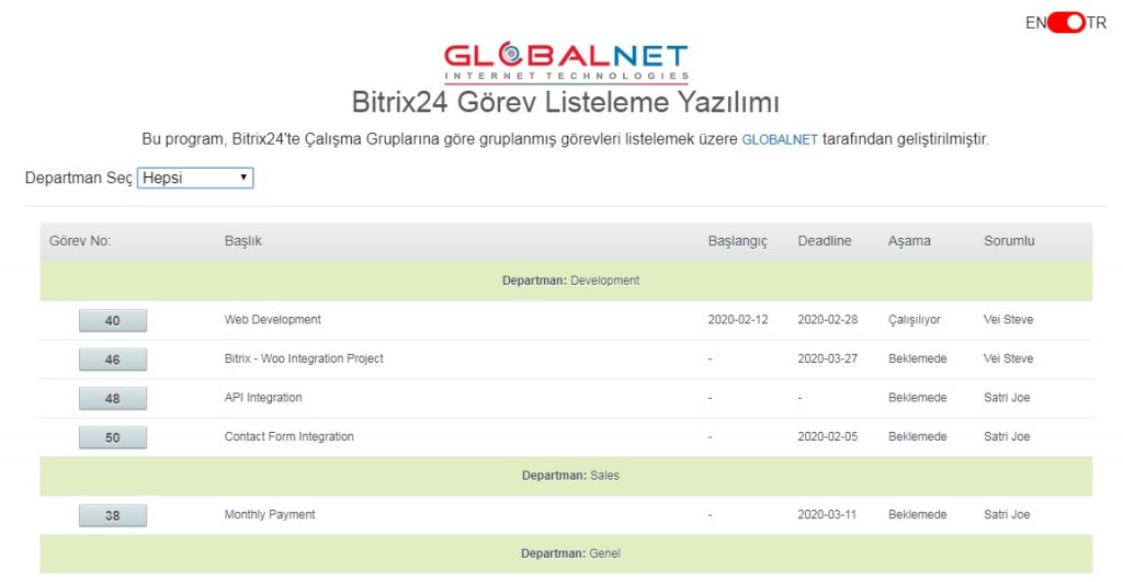 GLOBALNET Bitrix24 - Görev Listeleyici Uygulaması