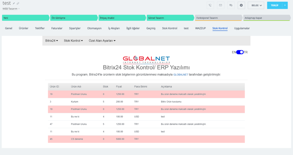 GLOBALNET Bitrix24 - Stok Kontrol Uygulaması